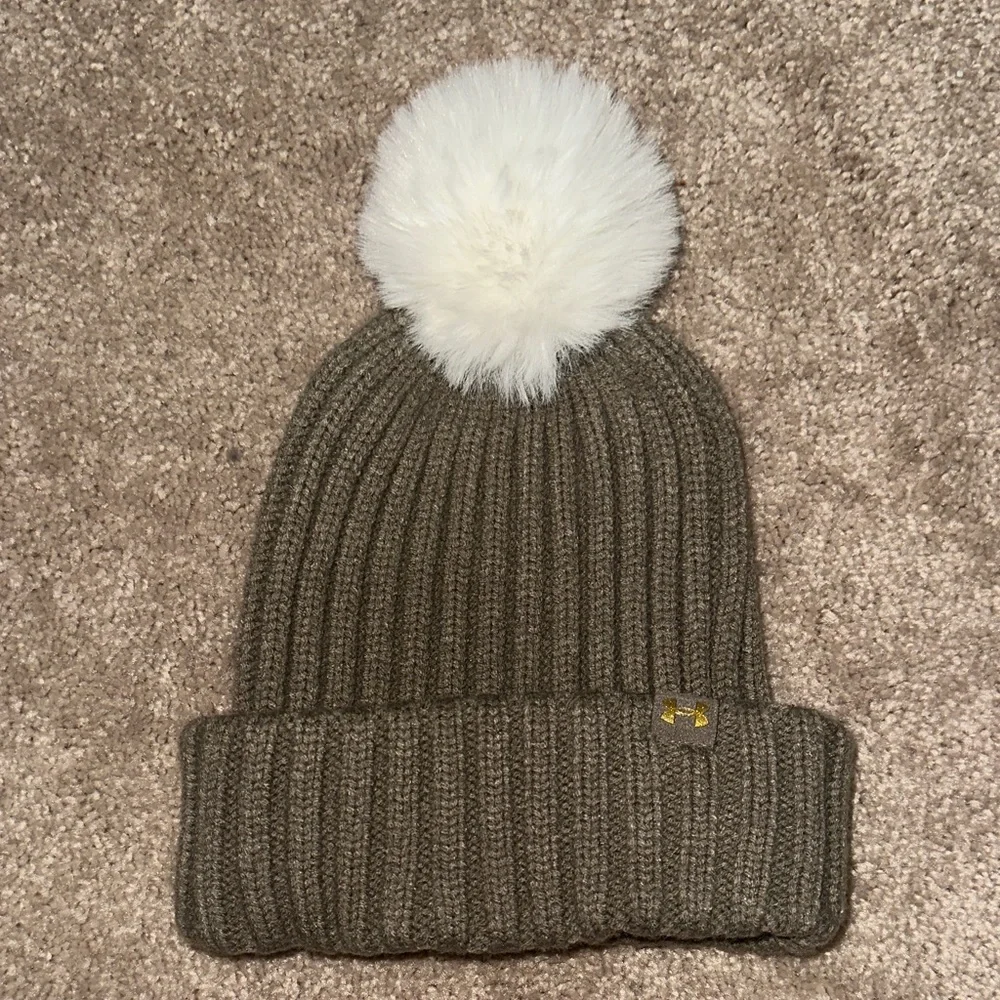 Under Armour Olive Knit Beanie with White Pom